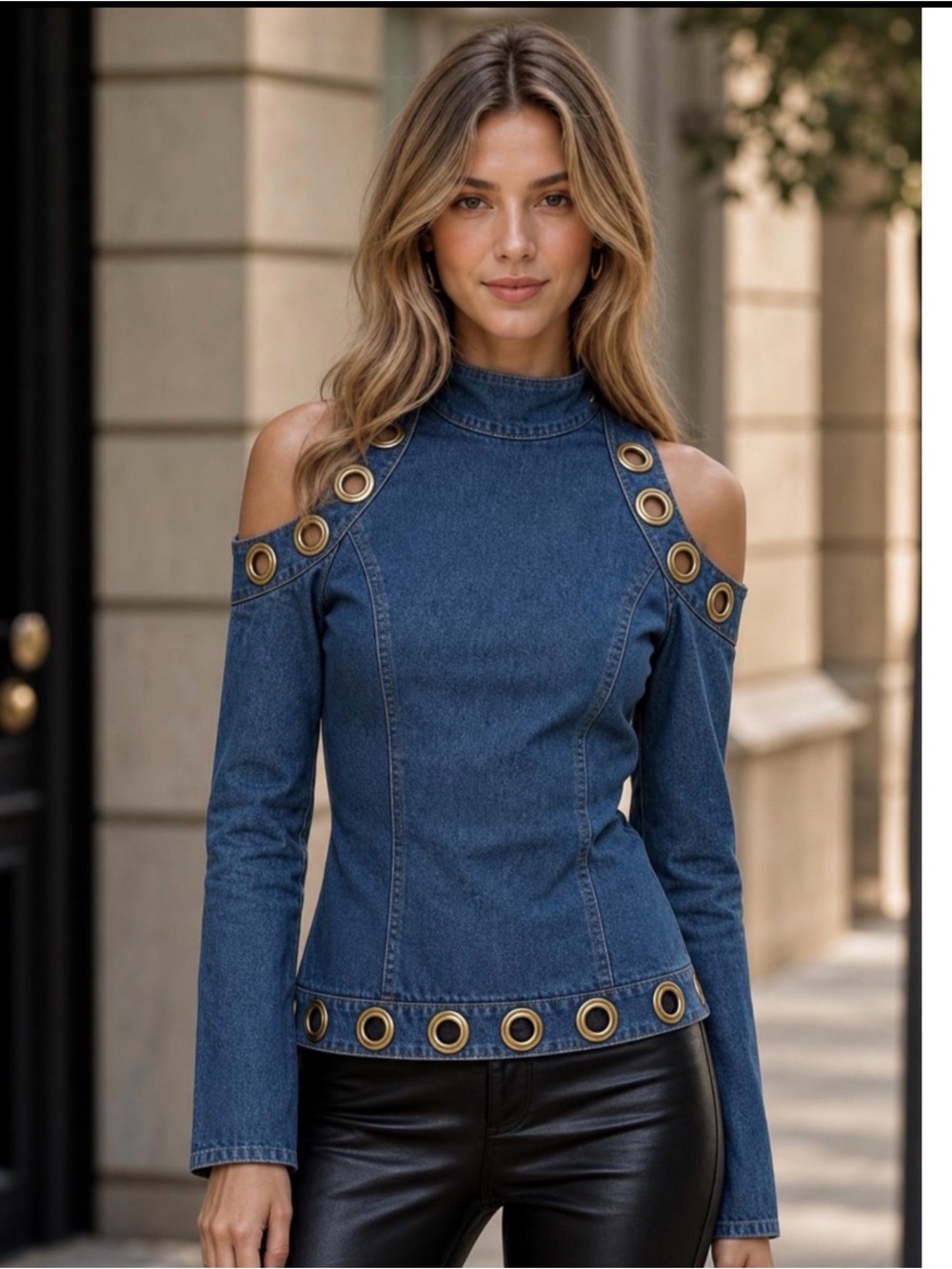 ATTRIME/ Cold-Shoulder Denim Top with Grommet Detail - Blue/ NWT / M / Ptp-19”